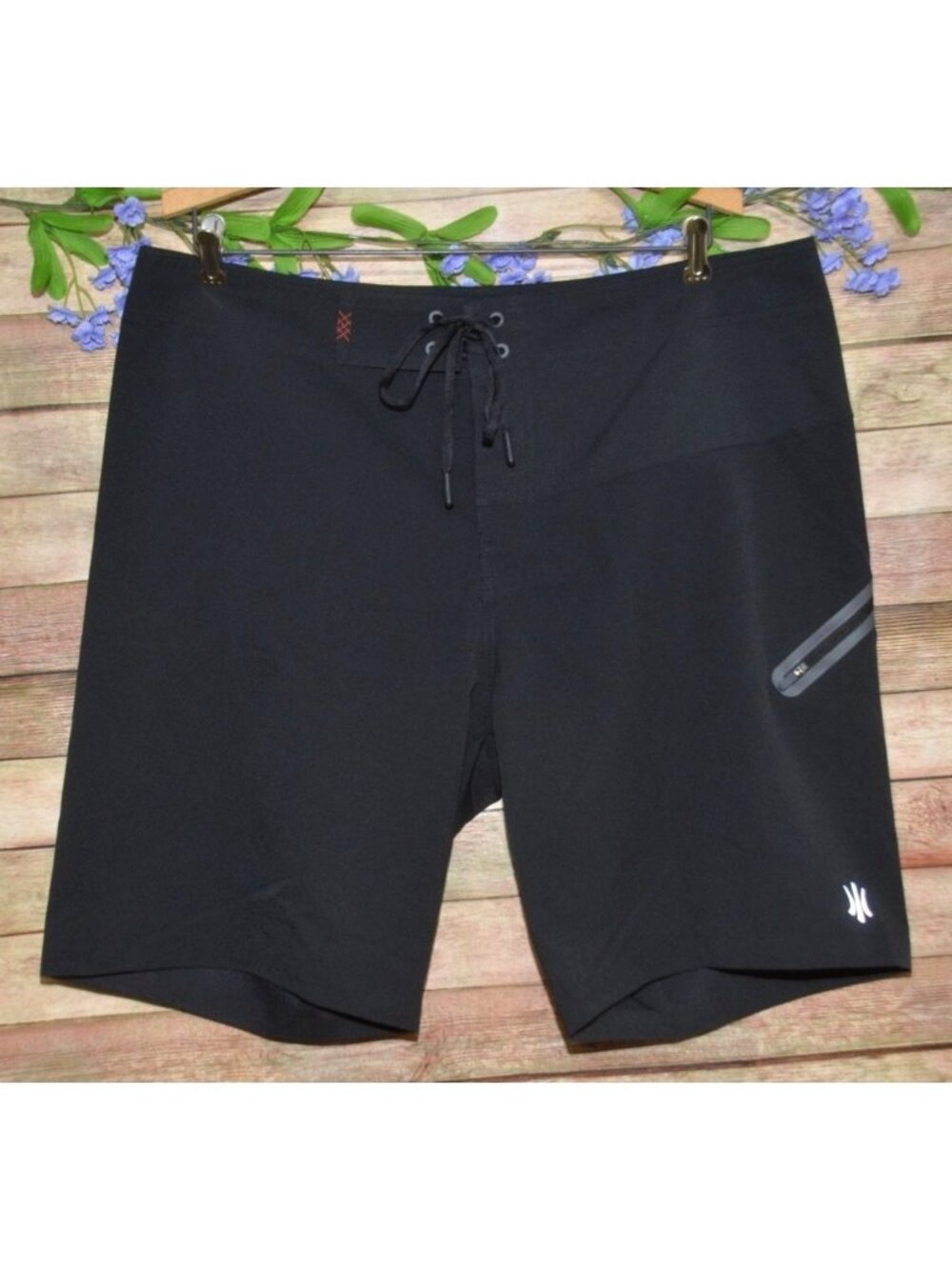 Rhone Black Unlined Board Short Swim Trunks Size 36 Zip Pocket Lace Up Quick Dry